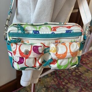 Coach  Scribbles Rare Crossbody/shoulder bag ivory  monogram pattern/teal suede